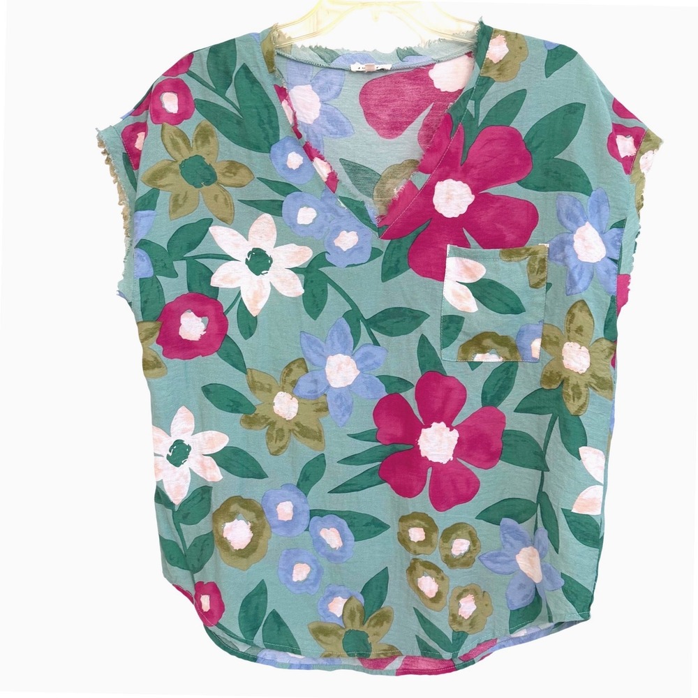 JODIFL Womens Floral V-Neck Sleeveless Raw Edge Boho Top Sage Pink Blue S NWOT